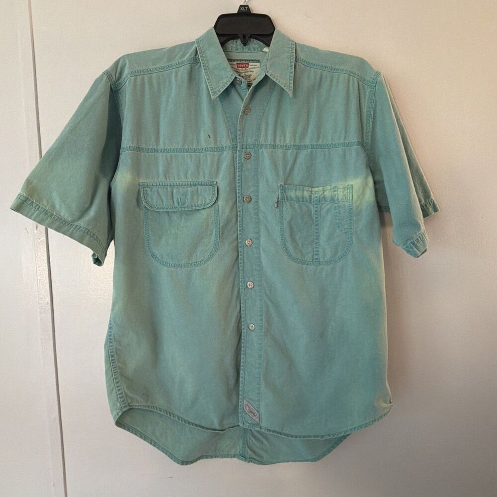 Vtg 90s Levis Sun Faded Denim Workwear Shirt Mens M Green Distressed Grunge 90's